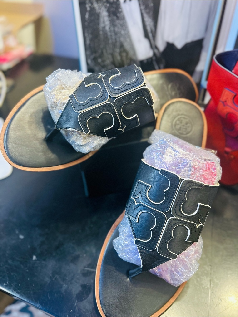 SALE•Tory Burch Red/Black Logo Slide Sandal Duo Bundle(Red/Orange Free w Flaw) - Picture 2 of 16